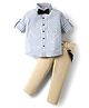 Rikidoos Full Sleeves Striped Shirt Pant With Bow & Suspender Set - Light Blue & Beige