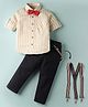 Rikidoos Full Sleeves Striped Shirt & Pant With Bow & Suspender Set - Beige & Navy Blue