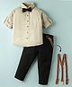 Rikidoos Full Sleeves Textured Shirt & Pant With Bow & Suspender Set - Beige & Black