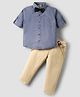 Rikidoos Full Sleeves Textured Shirt & Pant With Bow & Suspender Set - Fawn & Blue