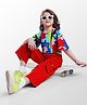 OLLINGTON ST. Cotton Knit Half Sleeves Abstract Print Top & Knit Trackpants with Belt- Blue & Red