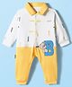 Child World Interlock Knit Full Sleeves Printed Romper With Teddy Bear Patch - Gold & White