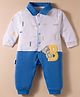 Child World Interlock Knit Full Sleeves Printed Romper With Teddy Bear Patch - Blue & White