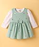 ToffyHouse Corduroy Woven Knit Frocks & Full Sleeves Inner Tee Set with Bow Applique Floral Embroidery & Print - Light Green
