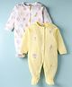 ToffyHouse Interlock Knit Full Sleeves Footed Sleep Suits with Animal Print & Embroidery Pack of 2 - Yellow & White