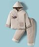 Child World Cotton Knit Full Sleeves Hooded Winter Wear Suit with Stripes & Vehicle Print - Light Grey
