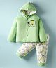 Child World Knit Full Sleeves Winter Wear Hooded Sweatjacket & Lounge Pant Set With Animal Print & Embroidery - Green