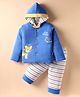 Child World Knit Full Sleeves Winter Wear Hooded Sweatjacket & Lounge Pant Set With Animal Embroidery - Blue