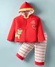 Child World Knit Full Sleeves Winter Wear Hooded Sweatjacket & Lounge Pant Set With Animal Embroidery - Red