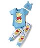 Babyhug Disney Interlock Knit Half Sleeves Onesie Leggings & Cap with Winnie the Pooh Graphic - Light Blue