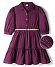 Hola Bonita Woven Three Fourth Sleeves Solid Color Collared Dress with Belt - Burgundy