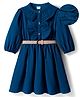 Hola Bonita Knit Full Sleeves Solid Textured Dress with Belt & Frill Detailing - Blue
