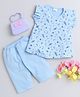 Little Angels Cotton Woven Frill Sleeves Space Theme Printed Dress With Leggings - Blue