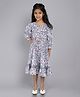 Little Angels Cotton Woven Three Fourth Puffed Sleeves Floral Printed Lace Detailed Tiered Dress With Belt - Grey