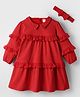 ToffyHouse Cotton Woven Full Sleeves Solid Color Textured Dress & Headband with Frill Detailing & Bow Applique - Red