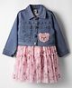 ToffyHouse Cotton Frock & Full Sleeves Denim Jacket With Teddy Patch & Print - Navy Blue & Pink