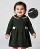 Babyoye Knit Full Sleeves Woolen Dress with Cable Knit Design & Bow Applique - Olive Green