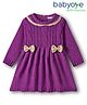 Babyoye Solid Dyed Full Sleeves Woollen Dress with Cable Knit Design & Bow Applique - Purple