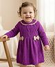 Babyoye Solid Dyed Full Sleeves Woollen Dress with Cable Knit Design & Bow Applique - Purple