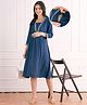 Bella Mama Viscose Woven Three Fourth Sleeves Maternity Dress with Floral Embroidery on Neck- Navy Blue