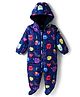 Babyhug Knit Full Sleeves Hooded & Footed Quilted Romper With Fleece Inner Lining & Heart Print - Navy Blue