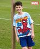 Pine Kids Marvel Single Jersey Knit Drop Shoulder Half Sleeves T-Shirt & Shorts Set with Spider Man Graphic - Blue