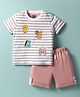 Mini Taurus Interlock Knit Half Sleeves Striped T-Shirt & Shorts Set With Animal Print - Peach