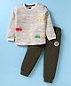 Mini Taurus Sinker Knit Full Sleeves Night Suit With Stripes & Vehicle Print - White & Olive Green