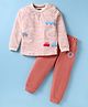 Mini Taurus Sinker Knit Full Sleeves Night Suit With Stripes & Vehicle Print - White & Coral