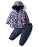 Babyhug Woven Full Sleeves Quilted Polyfill Hooded Heavy Winter Wear Suit Set With Polyfill Quilted Pant with Floral Print - Navy Blue