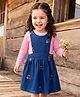 Babyhug Cotton Woven Frock with Full Sleeves Striped Tee & Cherry Embroidery - Navy Blue