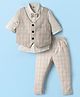 Mini Taurus Sinker Knit Full Sleeves Three Piece Party Suit With Checks & Bow - Beige