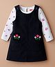 Babyhug Cotton Woven Frock & Full Sleeves Inner Tee With Floral Print & Embroidery - Navy Blue & White