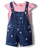 Babyhug Single Jersey Knit Cap Sleeves T-Shirt & Dungaree with Stripes & Fruit Embroidery - Red & Blue