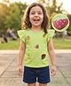 Babyhug Single Jersey Knit Frill Sleeves T-Shirt & Shorts Set With Fruits Embriodery - Light Green & Navy Blue