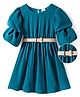 Hola Bonita Woven Half Ruffled Sleeves Solid Dress with Belt - Teal Blue