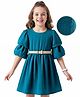 Hola Bonita Woven Half Ruffled Sleeves Solid Dress with Belt - Teal Blue