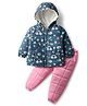 Babyhug Woven Full Sleeves Quilted Polyfill Hooded Heavy Winter Wear Suit Set With Polyfill Quilted Pant with Floral & Rainbow Print - Pink & Navy Blue