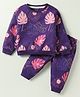 CUCUMBER Sinker Knit Full Sleeves Co-Ord Night Suit With Leaf Print - Purple