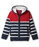 Pine Kids Knit Full Sleeves Hooded Front Open Sweater with Stripes & Pocket - Navy Blue & Red