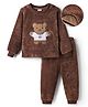 Mark & Mia Fur Knit Full Sleeves Winter Wear Sweatshirt & Lounge Pant Set With Teddy Bear Embroidery - Brown