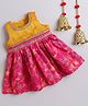 Many frocks & Blended Woven Sleeveless Floral Printed Gota Lace & Sequins Embellished Dress - Yellow & Pink