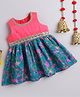 Many frocks & Blended Woven Sleeveless Floral Printed & Gota Lace Embellished Dress - Pink & Blue
