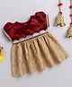 Many Frocks & Satin & brocade lace embellished puff sleeves  knee length Onam ethnic dress - Maroon & Beige