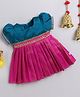 Many Frocks &  brocade lace embellished puff sleeves  knee length Onam ethnic dress - Blue & Pink