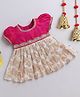 Many Frocks & floral  banarasi scallop lace embellished puff sleeves  knee length Onam ethnic frock - Pink & Cream