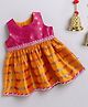 Many Frocks & brocade sleeveless lace embellished knee length Onam ethnic dress - Pink & Yellow