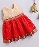 Many Frocks & poly silk sleeveless  lace embellished woven boti knee length Onam ethnic dress - Red & Beige