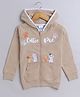 BUMZEE Cotton Looper Knit Full Sleeves Cat Printed Sweat Jacket With Hood & Kangaroo Pockets - Beige