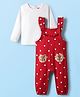 Babyhug Interlock Knit Full Sleeves T-Shirt & Dungaree With Polka Dots & Reindeer Print - White & Red